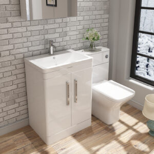 600mm White Floor Standing 2 Door Unit and Polymarble Basin-White Gloss-(Orion)