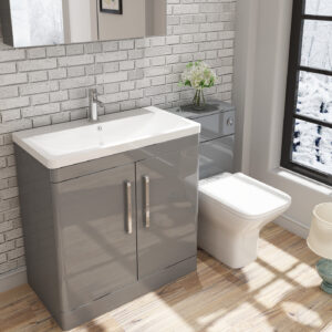 800mm Floor Standing 2 Door Unit and Polymarble Basin-Light Grey Gloss-(Orion)